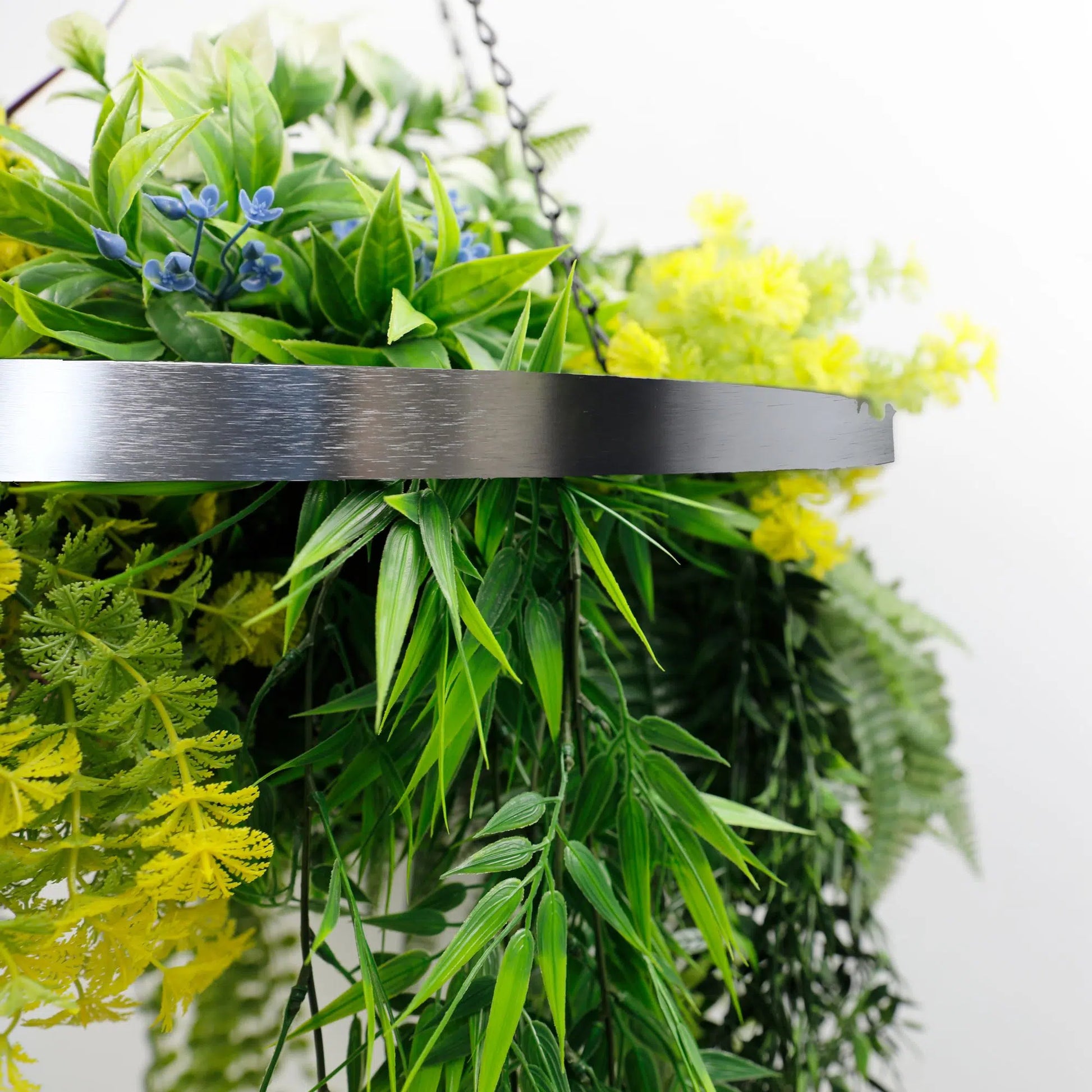 Silver Framed Roof Hanging Disc With Tropical Foliage Mix and Draping Stems 60cm UV Resistant - Image 3