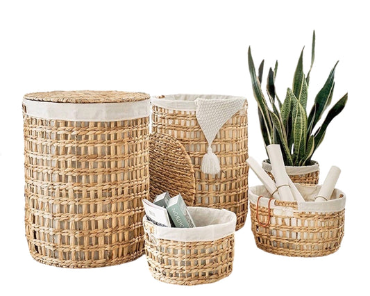Set 5 Water Hyacinth Round Laundry Basket 60cm