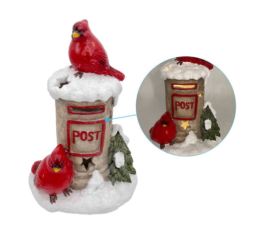 bulk 2 Xmas Red Bird On Mailbox w/ Led Light 34cm