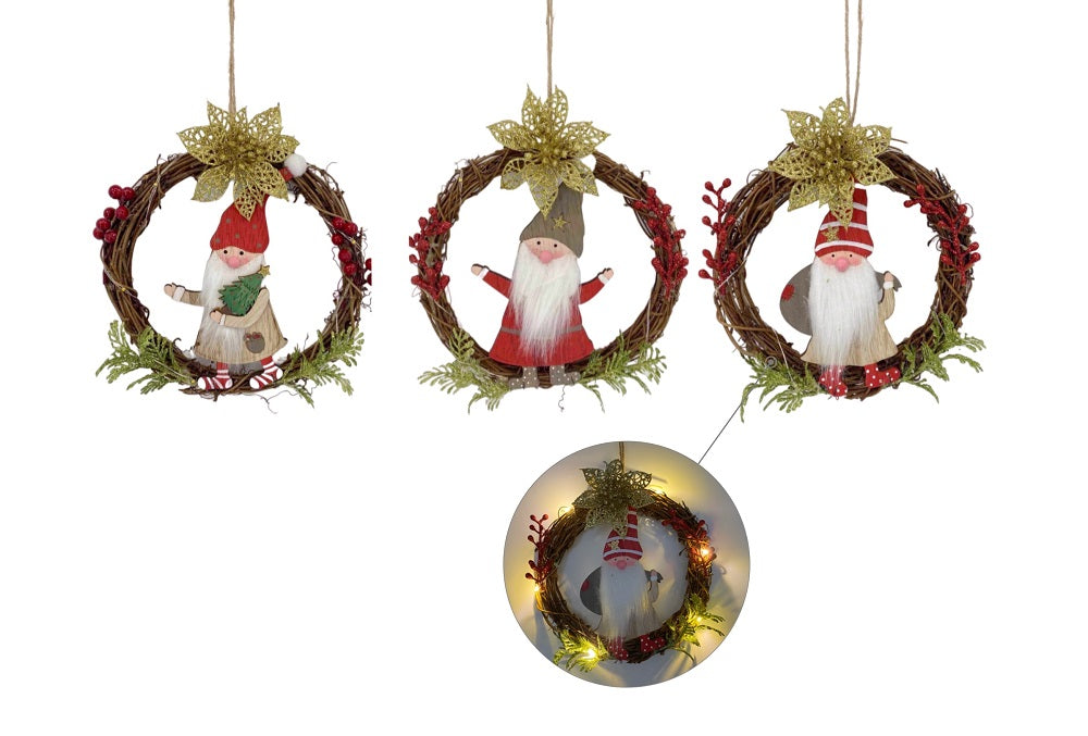 bulk 12 Xmas Hanging Santa Wreath w/ Led Light 18cm