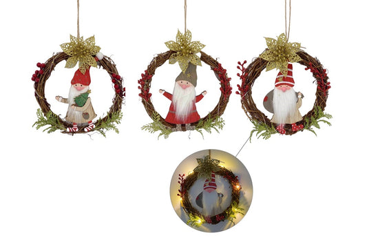 bulk 12 Xmas Hanging Santa Wreath w/ Led Light 18cm