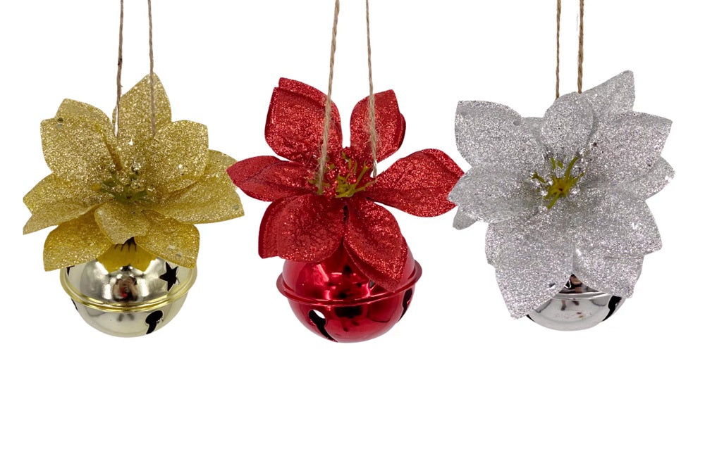 bulk 24 Christmas Hanging Metal Bell w/ Poinsettia 6cm