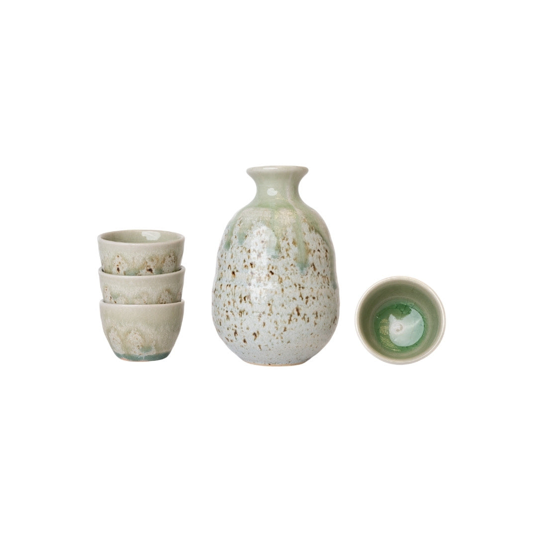 Sake Set for Four 280ml Green Drip Glaze - Image 4