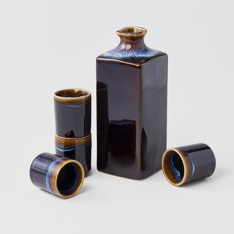 Sake Set 5pcs Tenmokku With Bright Blue Glaze - Image 4
