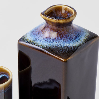Sake Set 5pcs Tenmokku With Bright Blue Glaze - Image 3