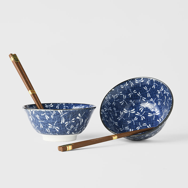 Bowl Set 2pcs with Chopsticks Indigo Dragonfly Design - Image 4