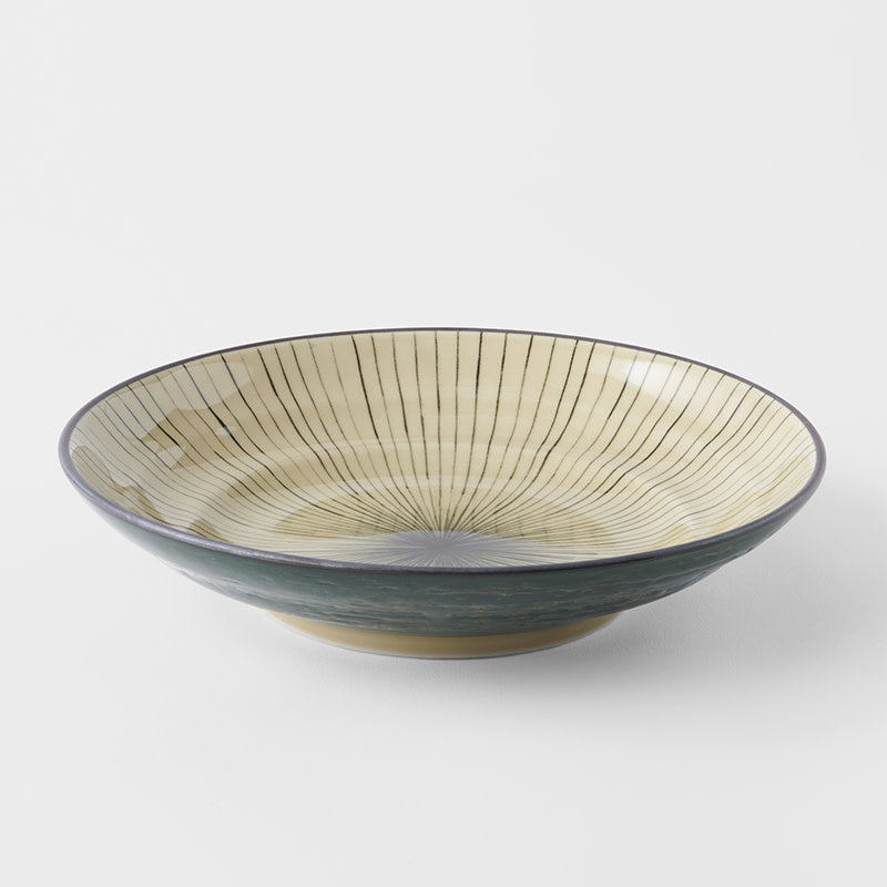 Pasta Bowl Flat Based 23cm Green Converging Line Glaze
