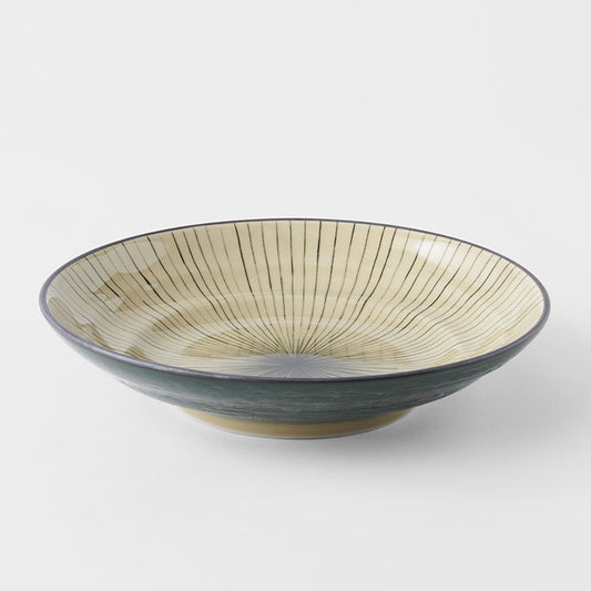 Pasta Bowl Flat Based 23cm Green Converging Line Glaze
