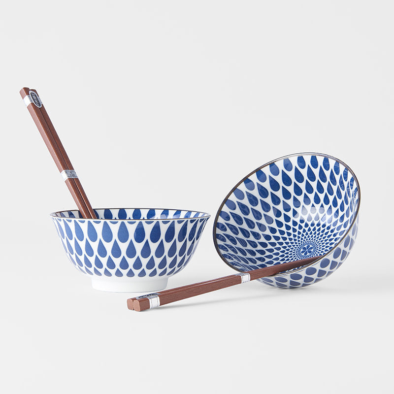 Bowl Set 2pcs with Chopsticks White Blue Teardrops Design - Image 4