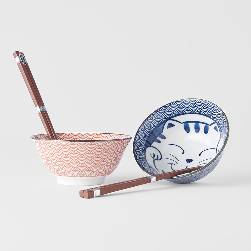 Bowl Set 2pcs with Chopsticks Red & Blue Cat Maneki Wave Design - Image 4